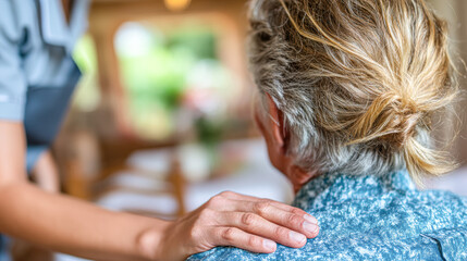 A caregiver gently touches the shoulder of an elderly person, highlighting compassion and support in a warm, home-like environment.