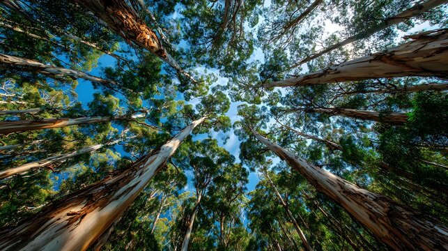 Low angle view looks up into a dense canopy of eucalyptus trees with tall trunks leading to a blue sky and lush green leaf patterns.