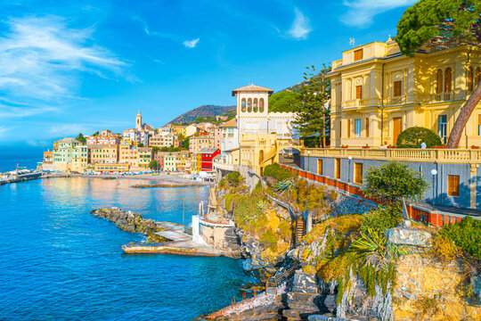 View of Bogliasco. Bogliasco is a ancient fishing village in Italy, Genoa, Liguria. Mediterranean Sea, sandy beach and architecture of Bogliasco town.
