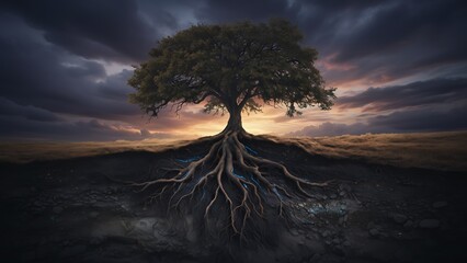 A majestic lone tree with intricate glowing blue roots standing on a barren landscape under a dramatic cloudy sky at sunset creating a powerful and atmospheric scene evoking nature's resilience