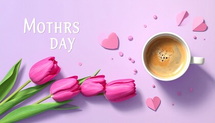 Mother's Day celebration with pink tulips and coffee cup on purple background