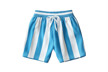 Blue and white striped men's swimwear shorts with drawstring waistband and elastic waist isolated on transparent background