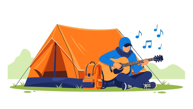 Serene Camping Scene Featuring a Person Playing Guitar Next to Tent