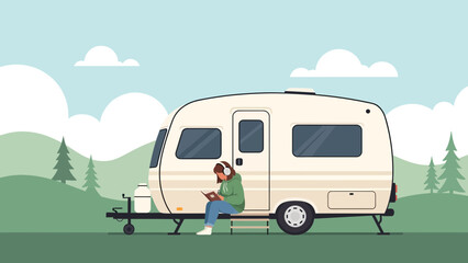 Serene Retreat In Nature Woman Relaxing With Book By Camper In Outdoors