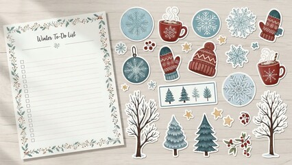 Winter to-do list with stickers and designs for seasonal activities and celebrations to keep track of tasks during the winter months