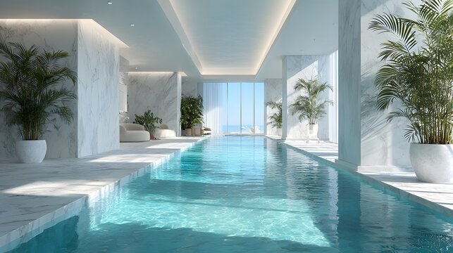 Luxurious indoor swimming pool area features sleek minimalist design with sunlight streaming through glass walls and tropical plants.