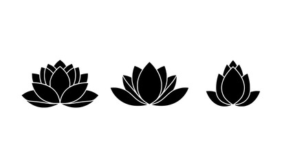 Minimalist lotus flower silhouettes vector set of three elegant floral symbols isolated on white background