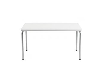 Modern minimalist white table with sleek metal legs, perfect for office or home decor, isolated on transparent background