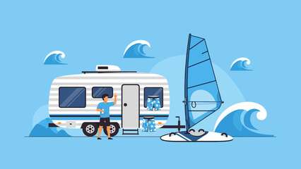 Summer Vacation Adventure With Windsurfing And Travel Trailer By The Seaside