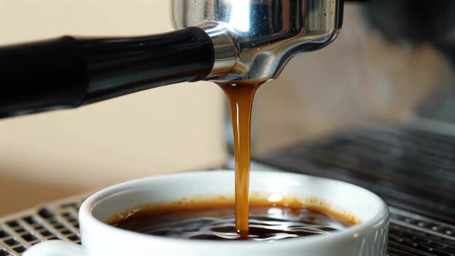Coffee machine making espresso tableau coffee extraction close-up