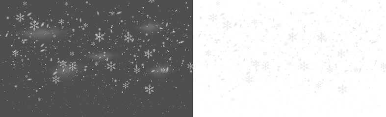 Soft white snowflakes drift across a transparent background, creating a calm winter snowfall scene with varied flake sizes and gentle depth, perfect for a cold, festive atmosphere. PNG snowfall.
