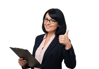 Smiling businesswoman holding clipboard and giving thumbs up, wearing glasses and professional attire, confident and successful isolated on transparent background