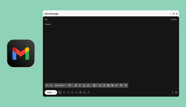 Gmail desktop UI mockup template showing inbox, open email, compose and send mail screens in dark mode, clean modern email interface for UI and UX design presentation.