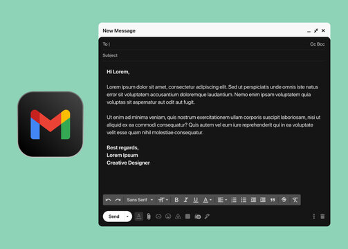 Gmail desktop UI mockup template showing inbox, open email, compose and send mail screens in dark mode, clean modern email interface for UI and UX design presentation.