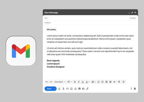 Gmail desktop UI mockup template showing inbox, open email, compose and send mail screens in light mode, clean modern email interface for UI and UX design presentation.