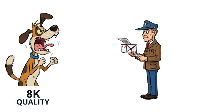 Cartoon dog barking aggressively at mailman holding envelope and letter postal worker