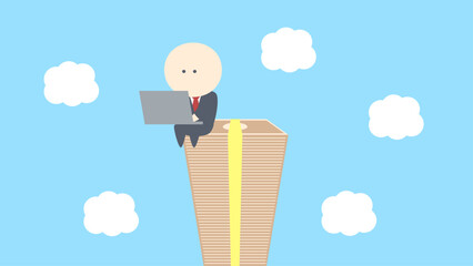 ビジネスイメージイラスト_札束タワーの上で働くビジネスマン
