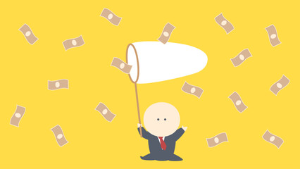 ビジネスイメージイラスト_アミでお札を収穫するビジネスマン