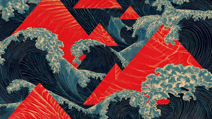 Traditional Japanese woodblock wave patterns deconstructed into the dynamic, speed-obsessed diagonal lines and sharp triangles of Italian Futurism in deep indigo and scarlet.
