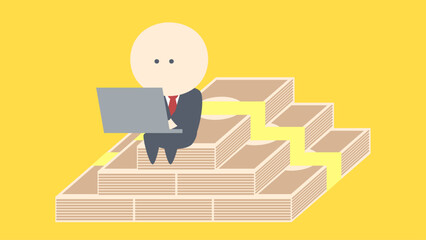 ビジネスイメージイラスト_札束の山に腰かけて仕事する成功ビジネスマン