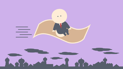 ビジネスイメージイラスト_札束絨毯で中東の街を飛翔する成功ビジネスマン