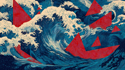 Traditional Japanese woodblock wave patterns deconstructed into the dynamic, speed-obsessed diagonal lines and sharp triangles of Italian Futurism in deep indigo and scarlet.