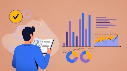 Man in blue shirt reading book near colorful data charts and graphs