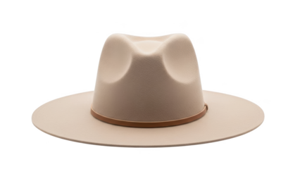 Cream colored fedora hat with brown band on black background beige