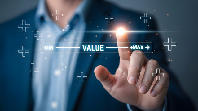 Business professional setting maximum value on digital interface slider | Strategic optimization concept for increased growth | Maximizing business performance and positive outcomes 