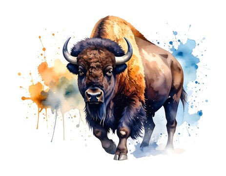 A majestic bison charges forward, set against watercolor paint splashes