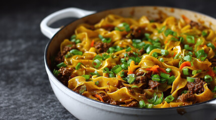 Flavorful Mongolian ground beef noodle dish served in white pan showing savory delicious taste on dark table background