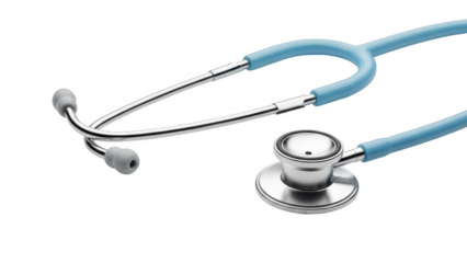 Blue stethoscope with silver metal chestpiece and ear tips on png isolated transparent background black background