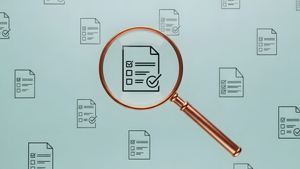 Magnifying glass auditing digital checklist document icons | Conceptual quality control and compliance verification process | Finding important data in detailed paperwork analysis