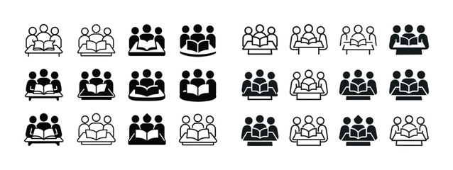 Diverse icon set of group reading activities