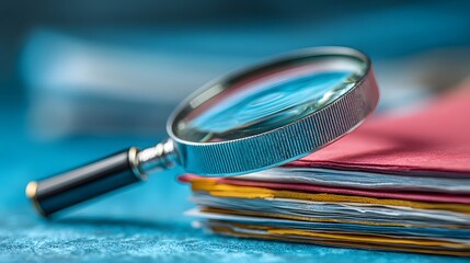 Magnifying glass rests on a stack of documents and folders against a blue background symbolizing business investigation and analysis.