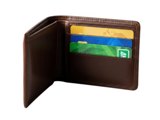 Brown leather bifold wallet with credit cards inside against png isolated transparent background black background