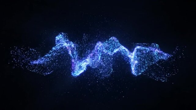 An abstract animation of glowing blue particles forming a wavy pattern in a dark environment from a frontal viewpoint
