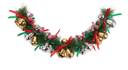 Christmas garland with gold silver bells red green ribbons frosted berries png isolated transparent background
