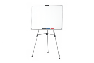 Whiteboard on easel stand with markers on a transparent background, ready for presentation and brainstorming concepts