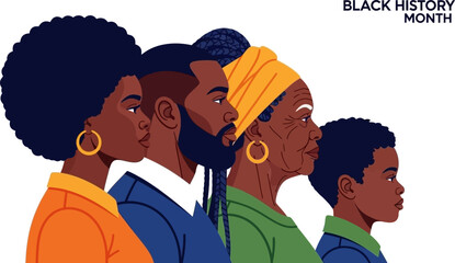 Black history month concept vector art showing five african american individuals, from child to elder, in side profile against a transparent background