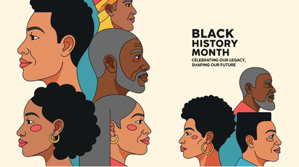 black history month banner celebrating legacy and future with diverse portraits of african american people in profile view