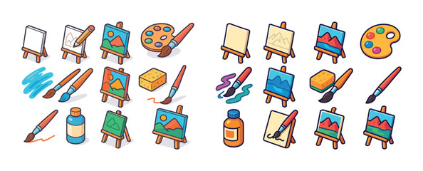Colorful painting tools and art supplies illustration with easels and brushes