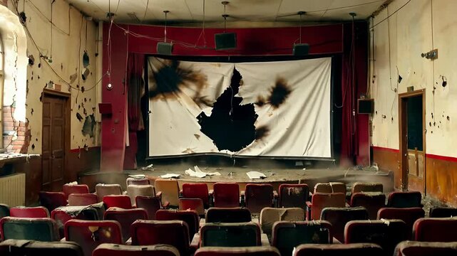 Abandoned theater stage with torn screen and empty seats.