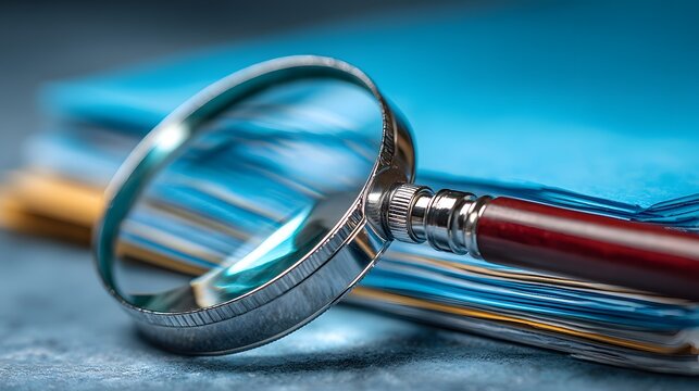 Magnifying glass rests on a stack of documents and folders against a blue background symbolizing business investigation and analysis.