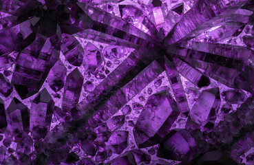 Macro Abstract Texture of Purple Amethyst Crystal Clusters and Geometric Shards