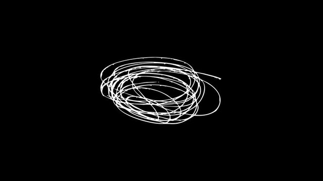 Artistic hand drawn white loopy oval animation on black background featuring a sketchy scribble reveal for highlighting titles and creative cinematic motion transitions.

