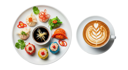 Assortment Of Colorful Dumplings And Latte On A White Plate With Transparent Background