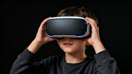 Little boy wearing virtual reality goggles and holding the headset with both hands against a black background.