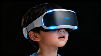 Close-up of a young boy wearing a glowing VR headset looking up in amazement against a black background.