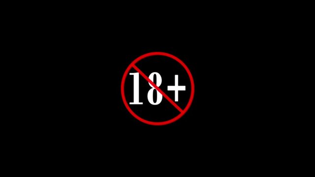  Abstract 18+ not allowed no showing icon red color animation on transparent movie. Under 18 sign warning symbol warning adult. 18+ not allowed video animation on black background. 